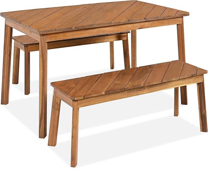 GDFStudio 3-Piece Acacia Wood Table and Bench Dining Set, Outdoor and Indoor Picnic Furniture with 2 Benches, Beer Table Set for Patio, Porch, Garden, Poolside, Natural Finish