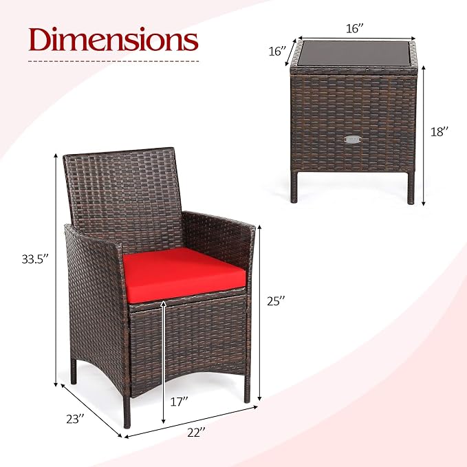 Tangkula 3-Piece Patio Conversation Set, Wicker Chairs with Glass Top Square Coffee Table & Cushions, All-Weather Outdoor Rattan Furniture Set for Garden Backyard Balcony Poolside (Red)