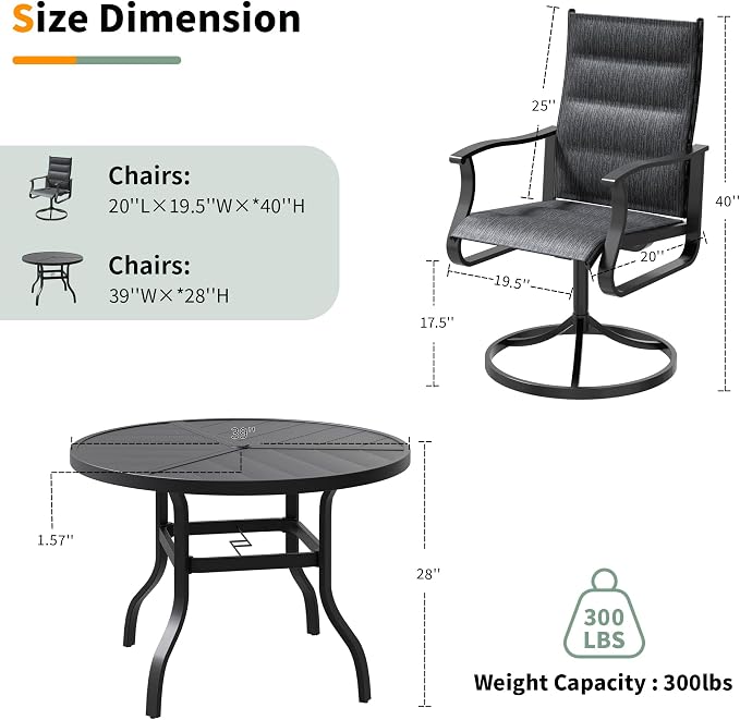 UDPATIO 5 Piece Outdoor Patio Dining Set, Patio Table with Chairs, 39" Round Table with Umbrella Hole & 4 Outdoor Swivel Rocker Dining Chairs, Outdoor Table and Chairs Set for Lawn, Deck, Yard