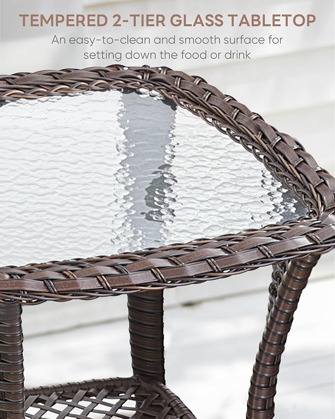 Patio Side Table Outdoor End Tables - 2-Tier Storage Wicker Side Tables with Smooth Clear Tempered Glass Tabletop for Outside Furniture Wicker Rocking Swivel Chairs in Porch Deck Yard - Brown