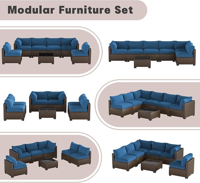 Patio Furniture Set 7 Pieces Conversation Set Wicker Outdoor Sectional Sofa,Ergonomic Armrests Couch with Cushion and Glass Table (Brown-Peacock Blue, 7 Piece-Single)