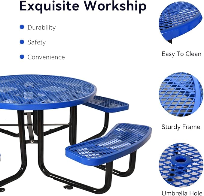 Heavy Duty Picnic Table for Outdoors 3200 lbs Load All Metal Dining Table with Umbrella Hole up to 1.5", Round Camping Table for Commercial Picnic Table with Benches, Blue