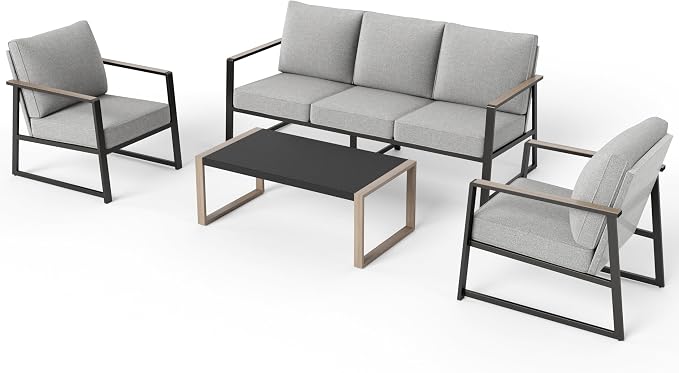 PHI VILLA Metal Patio Furniture Set,5 Seats Outdoor Patio Conversation Set,All Weather Outdoor Couch Set Patio Sofa Set with Coffee Table,Black Frame with Textilene Cushion（Backyard ICON Collection）