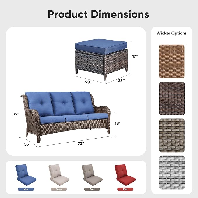 Belord 3-Piece PE Wicker Outdoor Sofa with 2 Ottomans, Luxury Patio Couch Convertible to Chaise Lounge, All-Weather High Back Deep Seat Woven Furniture for Deck, Porch - Brown/Blue