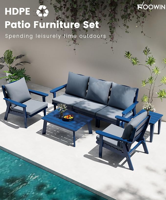FOOWIN 7-Piece Patio Furniture Set, HDPE All-Weather Outdoor Conversation Set with Thick Cushions, Sectional Patio Sofa Furniture for Deck, Porch, Lawn, Garden, Navy Blue Frame & Grey Cushion