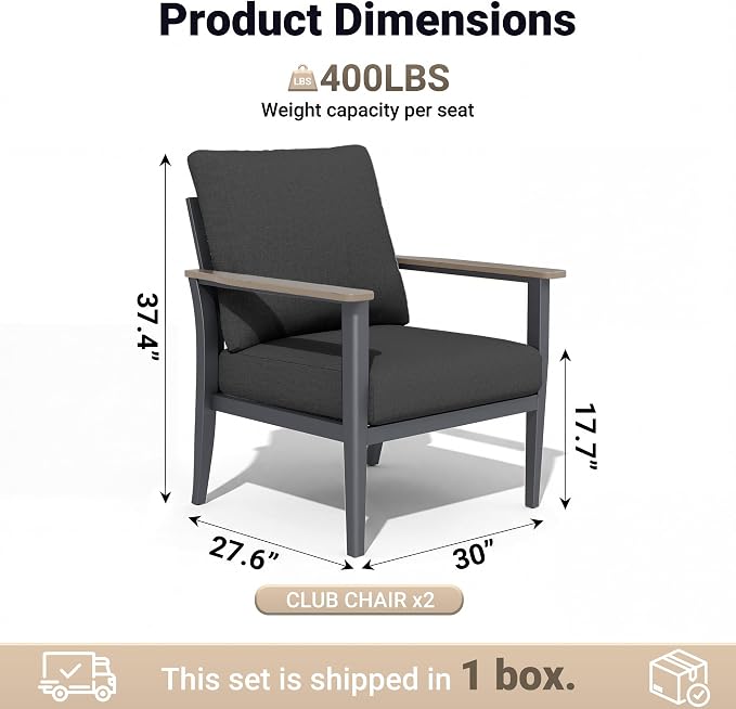 Aluminum Patio Chairs Set of 2, Modern Outdoor Armchairs with Wood-Like Armrests & 5.1" Thick Cushions, Wide Seat Balcony Furniture for Porch, Deck, Black