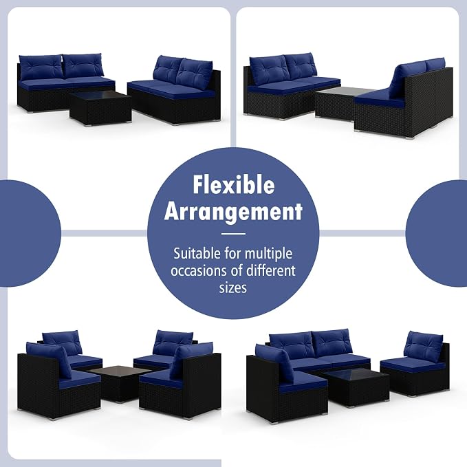 DORTALA 5 Piece Wicker Patio Furniture Set, PE Rattan Outdoor Sectional Conversation Set with Tempered Glass Coffee Table, 4 Chairs for Deck, Backyard, Poolside, Navy