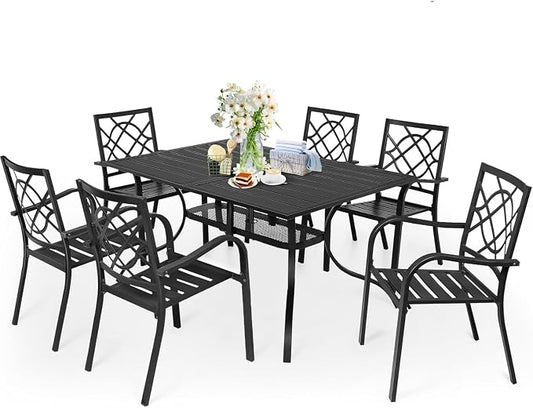 7 Piece Outdoor Patio Dining Set, Metal Patio Furniture Set Outdoor Rectangular Slatted Dining Table with Umbrella Holes & 6 Stackable Backyard Garden Chairs