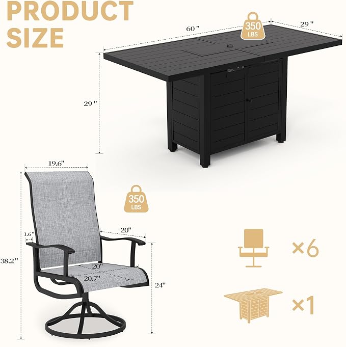 PIZZELLO 7 Pieces Patio Furniture Set w/ 60" Gas Fire Pit Table and 6 Patio Swivel Dining Chairs, Outdoor Conversation Set 50,000 BTU Aluminum Propane Fire Pit Patio Chairs Set of 6 for Backyard