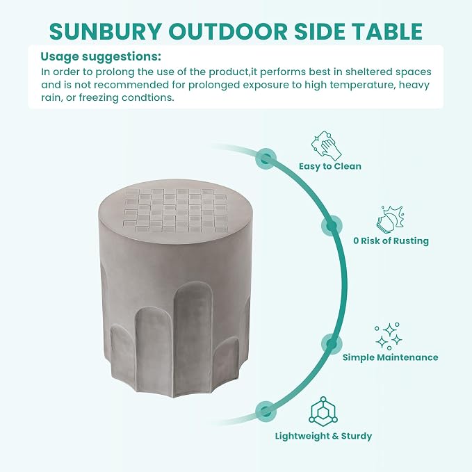 SUNBURY Outdoor Side Table w Chessboard, 15" W Concrete End Table, Patio Side Table Lightweight MgO, Round Accent Tables, Garden Stool Plant Stand for Yard, Front Porch, Grey