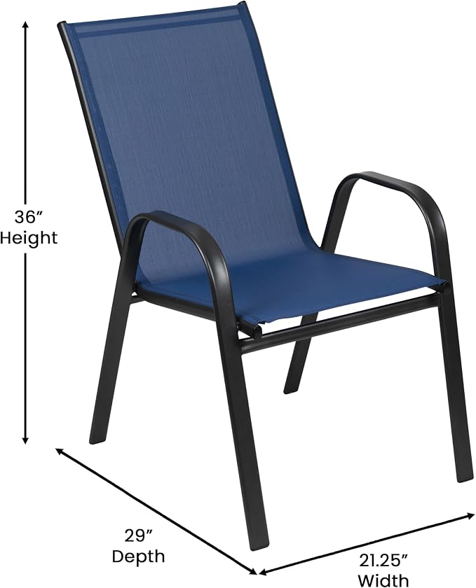EMMA + OLIVER Seven Piece Indoor/Outdoor Dining Set - Metal Table with Tempered Glass Top - Six Navy Flex Comfort Chairs- Umbrella Hole - All Weather