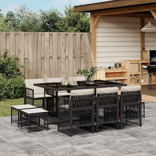 10-Seater Garden Dining Set Black Poly Rattan Foldable Outdoor Patio Furniture Table and Chairs
