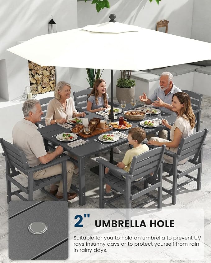 FOOWIN Outdoor Table and Chairs Set 7-Piece HDPE All Weather Patio Dining Set with Umbrella Hole,Outdoor Patio Furniture Dining Set for 6,Patio Kitchen Table Set for Garden,Backyard,Poolside Grey