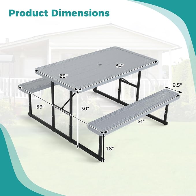 Giantex Picnic Table Bench Set for 4 People, 4.5FT Outdoor Rectangular Dining Table & 2 Benches w/Umbrella Hole, HDPE Tabletop, Metal Frame, Patio Garden Backyard Poolside (4.5FT,Non-Foldable,Gray)