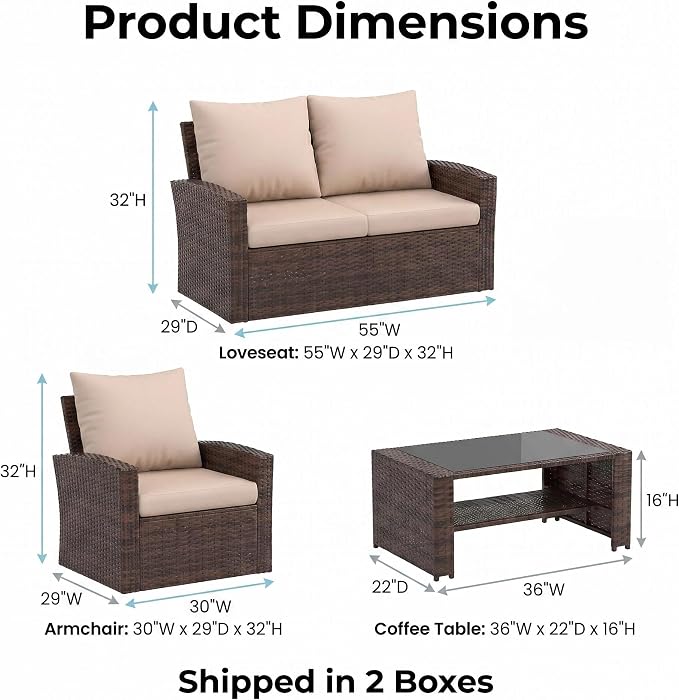 UDPATIO Patio Furniture Set, Outdoor Furniture Sets with Loveseats Sofa, Wicker Rattan Outdoor Conversation Set with Storage CoffeeTable for Backyard, Deck, Porch,Brown/Grey