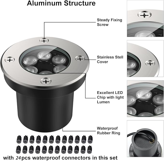 JESLED 12 PackOutdoor Landscape Lights, Low Voltage In Ground Well Lights | 3000K Warm White, 6W LED, 12V/24V, IP67 Waterproof, 5-Ton Pressure Resistant & 90° Beam for Driveway Decks Step Garden