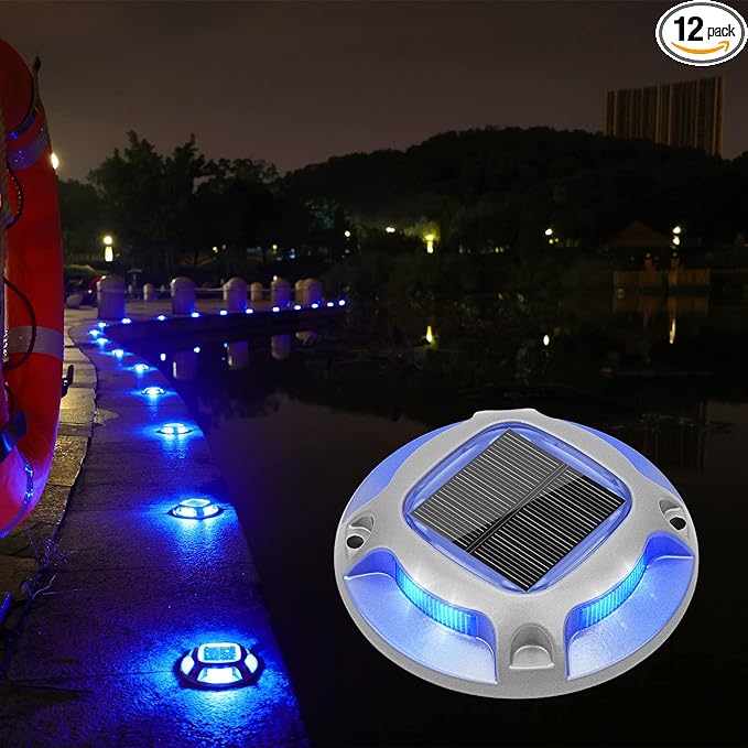 VOLISUN Solar Driveway Marker Lights Dock Marine Led Deck Outdoor 12 Pack | 2 Colors in 1,Solar Powered Waterproof Warning Step Lights for Pathway Garden Sidewalk Walkway (Blue/White)