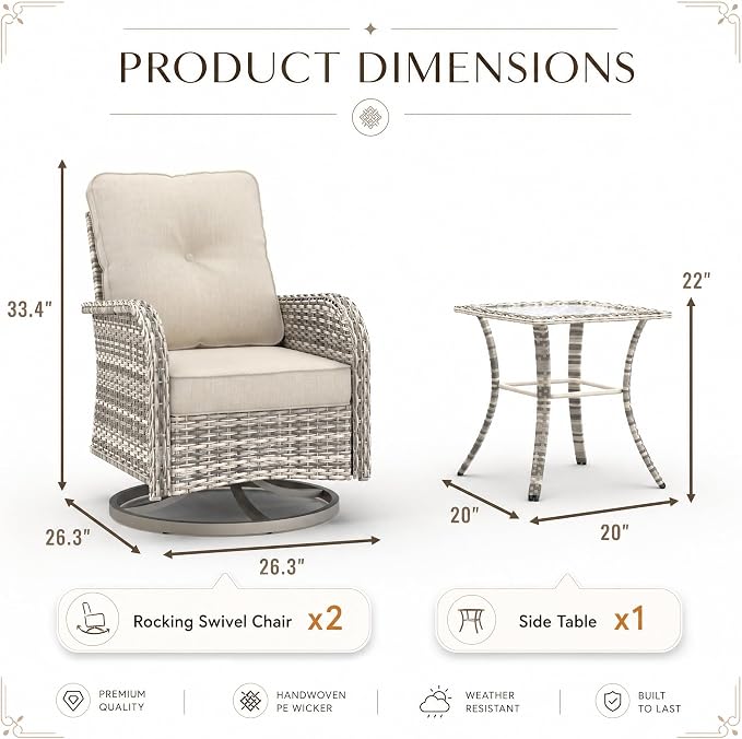 3-Piece Small Patio Furniture Set, Outdoor Swivel Rocking Chairs Set with Wicker Chairs and Tempered Glass Side Table, Outdoor Furniture Patio Bistro Set for Balcony, Deck, Porch