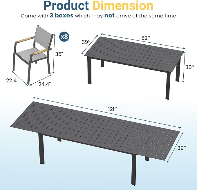 Wisteria Lane Aluminum Outdoor Patio Table and Chairs Set with 121" L-81 L Expandable Dining Table, 9-Pieces Outdoor Dining Set for 8, Patio Furniture Set with Stackable Quick Drying Chairs, Grey