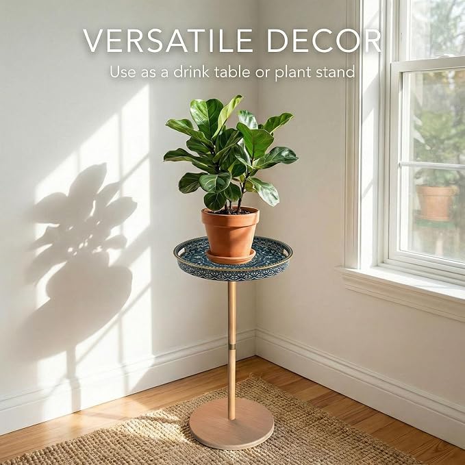 Gesodant Boho Single Leg Round Side Table with Tray Top, Pedestal Drink Table for Small Spaces, Aesthetic Accent Nightstand for Living Room, Bedroom, Corners, and Office (Yellow Leg Blue Maze)