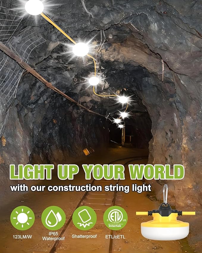 YXL 130W 16000LM Construction String Lights Temp Lighting 100FT Industrial LED Work String Lights, IP65 Waterproof, Super Bright for Construction Sites Temporary Work Jobsites Outdoor Lighting