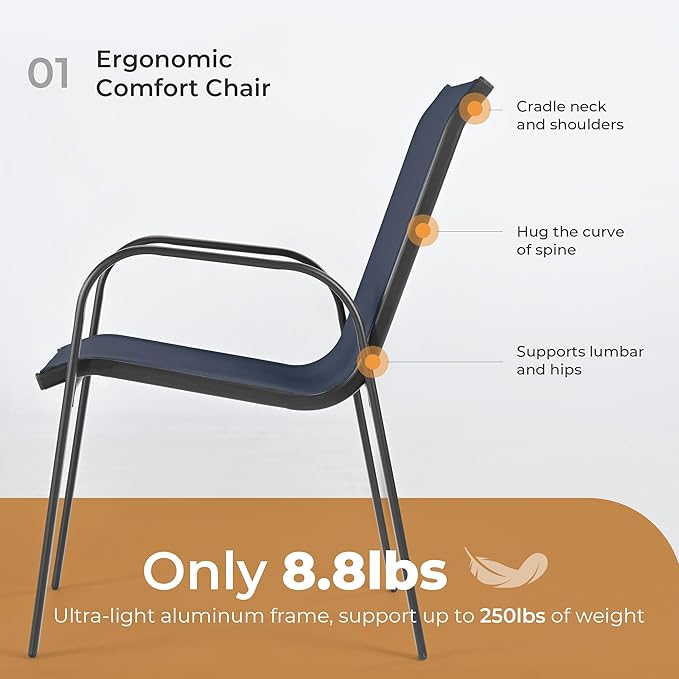 HAPPATIO Outdoor Patio Dining Set, 6 Quick Dry Textilene Dining Chairs and Dining Table with Umbrella Hole, Stackable Textilene Chairs for Garden, Patio and Poolside Backyard,Navy