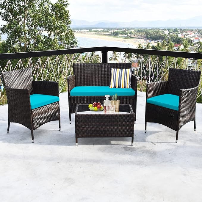 4 Pieces Patio Sofa Set, Wicker Conversation Set with Ergonomic Curved Backrest, Rattan Furniture Set with Water-Resistant Cushion & Tempered Glass Table for Balcony, Porch (Turquoise)