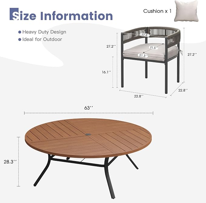 VICLLAX Patio Dining Set, 63.1" Walnut Table & 6 Chairs with Wheat Cushion | Outdoor Table and Chairs Set of Round Metal Patio Table, Outdoor Dining Chairs with Metal Frame, Garden Deck Porch