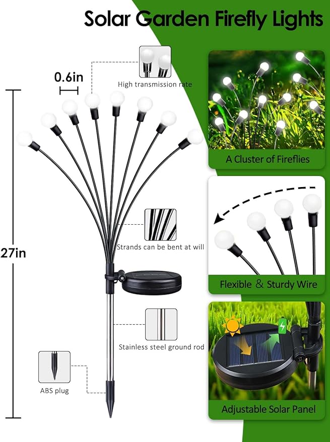 8 Pack Solar Garden Lights, 64 LED Firefly Lights Solar Outdoor Waterproof | 2 Lighting Modes, Sway with Wind, Solar lights Outdoor for Garden Yard Patio Pathway Holiday Decorations, Cool White