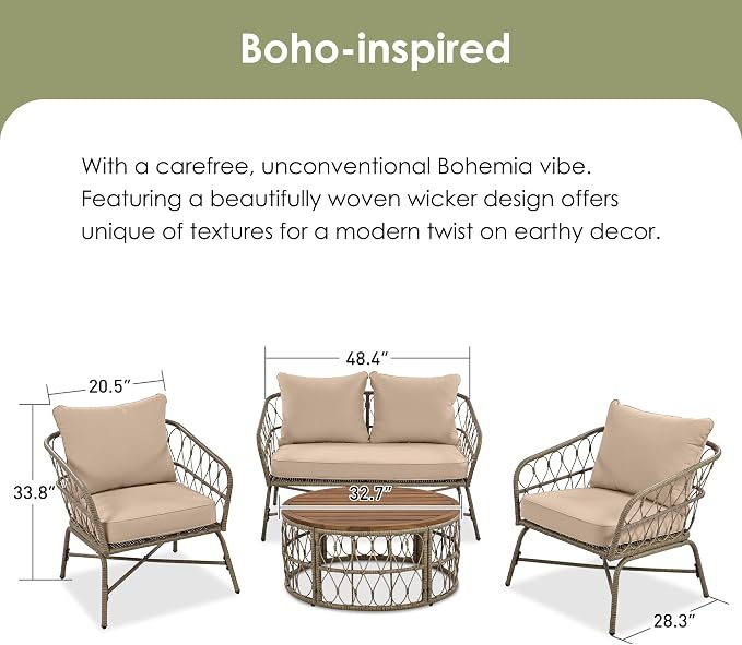 LUMISOL 4 Piece Patio Furniture Set, Outdoor Seating Group with Removable Cushions and a Coffee Table with Wooden Table Top, All Weather Patio Conversation Set for 4 Persons, Beige