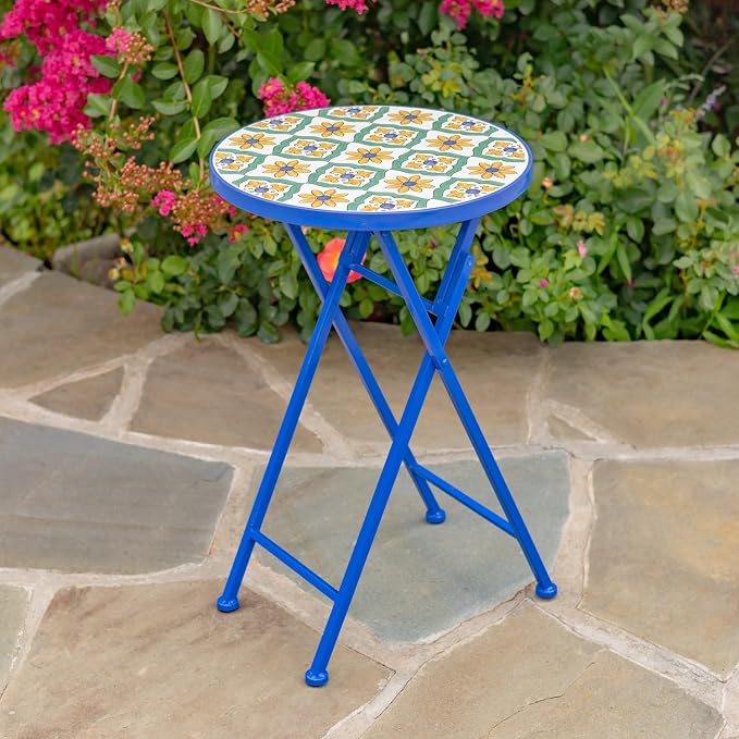 Mosaic Tile Furniture with Blue Metal Frame and Patterned Tile Tops (Nantucket - Blue/Green/Yellow, Folding Accent Table)