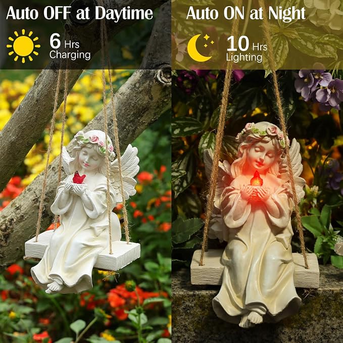 Angel Garden Statue,Fairy Solar Garden Decor with Warm Light | Waterproof Angel Statue with Swing & Holding Bird,Outdoor Garden Decor for Lawn Yard Patio Windowsill Garden Gifts, Apricot