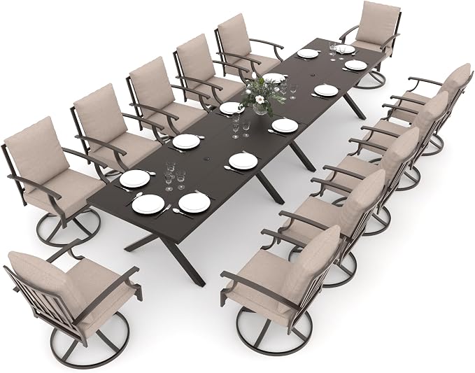 Gotland 14 Piece Outdoor Dining Set, Metal Outdoor Table and Swivel Chairs with X-Shaped Legs 1.5" Umbrella Hole, Patio Furniture Set with Waterproof Cushions, Patio Dining Sets for Deck Khaki