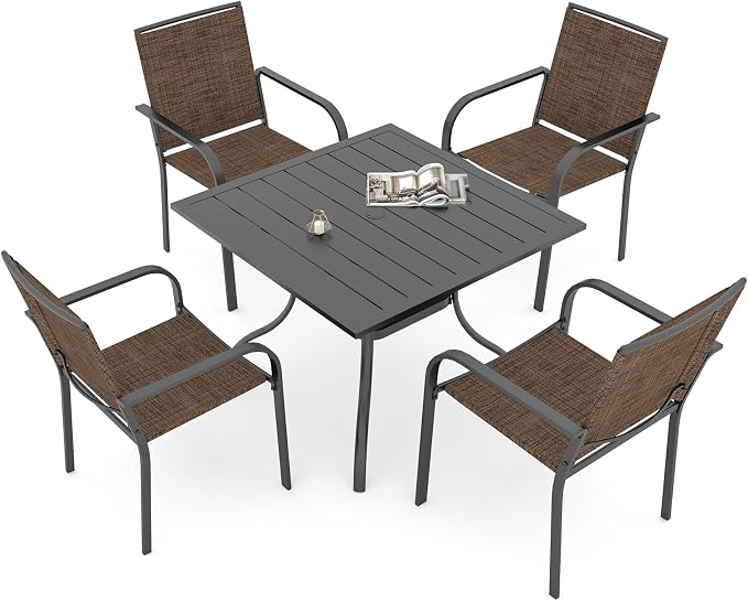 Outdoor BrownTan Stackable Chair and 35" Square Table Patio Dining Set of 5 | 4 Piece Stackable Chairs, Textilene Seat&Back, Metal Table, Slat Table Top, 4 Person Use, 1.57" Umbrella Hole, All Weather