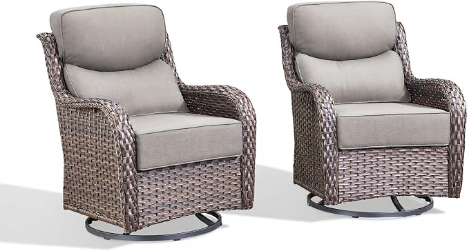 Luxury Swivel Rocker Chairs Set with 6" Thick Cushion - Wicker Outdoor Swivel Rocker Patio Chair High Back Comfortable Outdoor patio furniture set Glider Chairs set - Brown Wicker | Grey Cushions