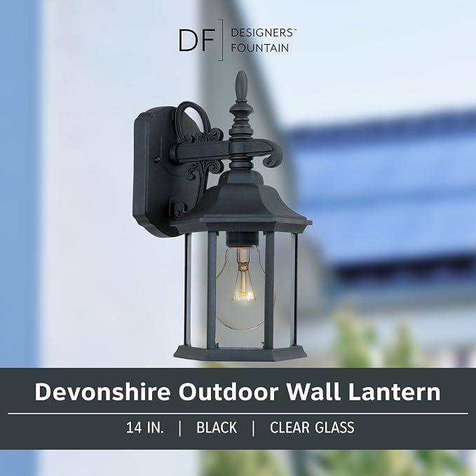 DESIGNERS FOUNTAIN Devonshire Outdoor Light Fixture, 14 Inch Exterior Wall Lantern Sconce for Front Door, Patio and Porch, Black, 2961-BK