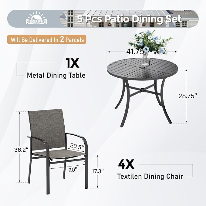 5pc Patio Dining Set for 4, Outdoor 42" Round Metal Table & 4 Brown Chairs | 4 textilene chairs + steel table. Waterproof, stain-resistant & wipe-clean. Ideal for backyard, garden & poolside.