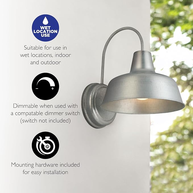 Design House Mason Farmhouse Gooseneck Barn Light, Outdoor Exterior Porch or Patio Wall Light Fixture, Galvanized Gray Paint, 10 Inch Diameter, 1-Pack, 579383 | Wall Mount, Modern Farmhouse, Steel, Lighting, 579383