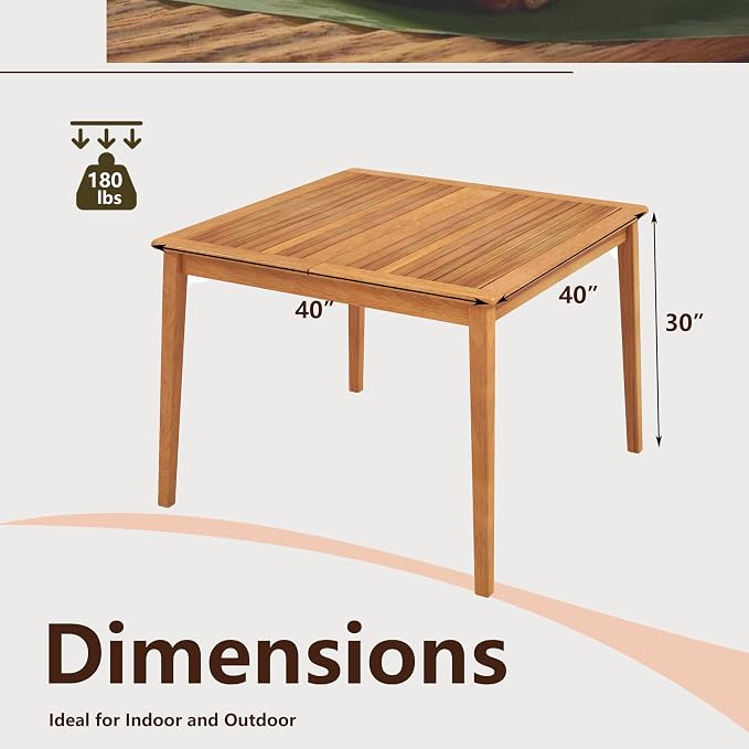 RELAX4LIFE Wooden Outdoor Dining Table for 4, 40" Square Acacia Wood Slatted Patio Table w/Umbrella Hole, Indoor Outdoor Bistro Table for Backyard Porch Garden, 4-Person Patio Dining Table