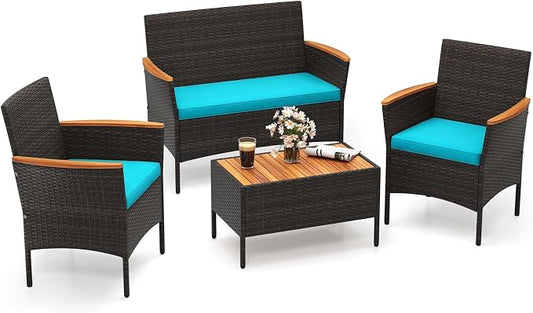 Tangkula 4 Pieces Patio Wicker Sofa Set, 2 Rattan Chairs & Loveseat w/Coffee Table, Acacia Wood Armrests & Tabletop, Outdoor Cushioned Conversation Set for Backyard, Poolside (Turquoise, 4 Pieces)