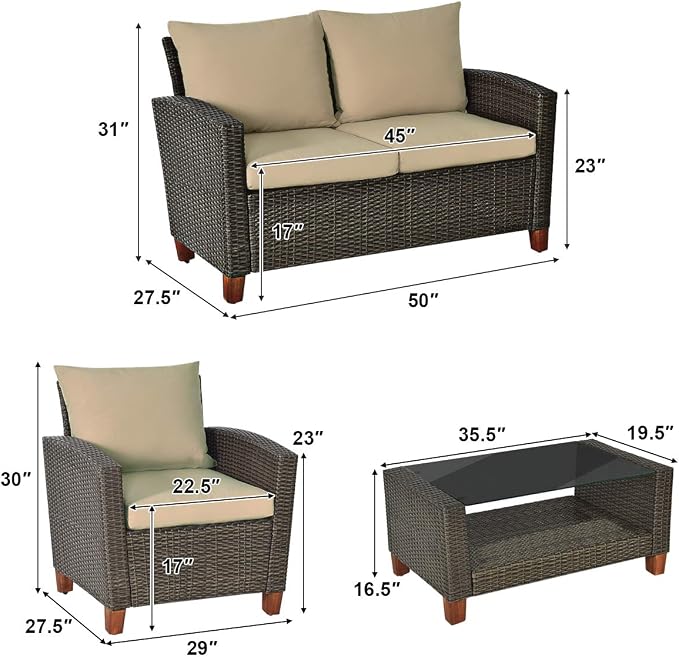 Tangkula 8 Pieces Patio Rattan Furniture Set, Outdoor Wicker Conversation Set with Seat & Back Cushion,and Tempered Glass Coffee Table with Shelf, for Porch, Poolside, Backyard, Garden