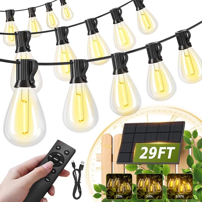 30FT Solar String Lights Waterproof, 10+1 LED Shatterproof Bulbs Solar Powered with Remote & USB Port, 3 Modes Dimmable Outdoor Lights for Patio, Garden, Camping