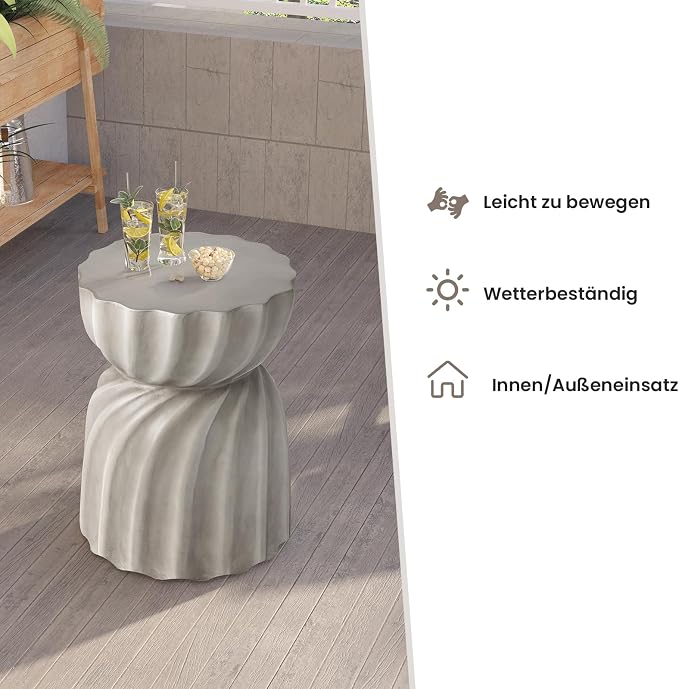 HOMPUS Outdoor Concrete Side Table Set of 2,2 Piece Unique Round Patio MgO End Table, Lightweight Small Accent Table Garden Stool for Indoor Outdoor Use, Backyard, Natural Grey