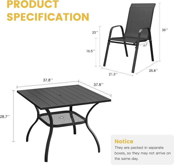 VICLLAX Patio Dining Set for 4, All Weather 5-Piece Patio Set-37.8" Square Outdoor Table and 4 Stackable Chairs for Lawn Garden and Backyard,Black Tabletop