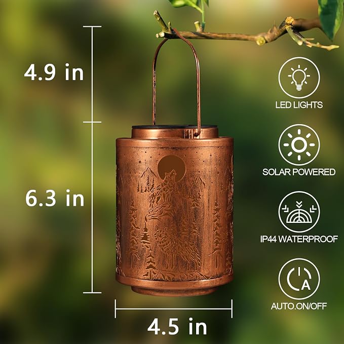 Wolf Solar Lanterns Hanging Waterproof Garden Decor Gifts for Women | Metal Solar Lights Outdoor Decoration for Outside LED Lanterns for Yard Patio Lawn Pathway Birthday Gifts for Mon Grandma