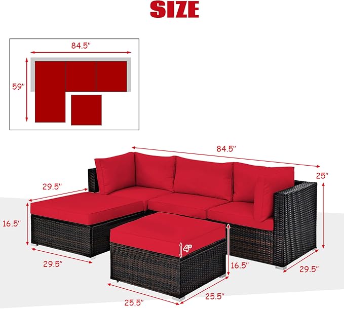 DORTALA 5 Pieces Patio Rattan Furniture Sets, Sectional Sofa Conversation Set w/Steel Frame & Sponge Cushions, Modern Wicker Combination Sofa Set w/Ottoman & Table for Garden Lawn Balcony, Red