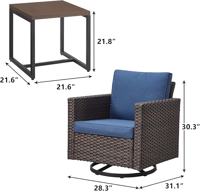 Luxury Outdoor Patio Swivel Rocker Chairs - 3 Piece Wicker Patio Furniture Bistro Swivel Rocking Chairs Set with Comfortable Cushions,Sturdy Metal Frame and Side Table for Porch Deck(Brown/Blue)