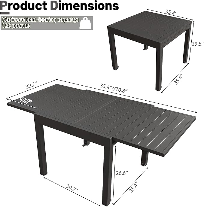 All Aluminum Expandable Patio Dining Table for 4-6 People, Extendable Outdoor Dining Room Table, All Weather Patio Furniture, Rectangular Metal Table with Adjustable Width 35"- 71", Dark Brown