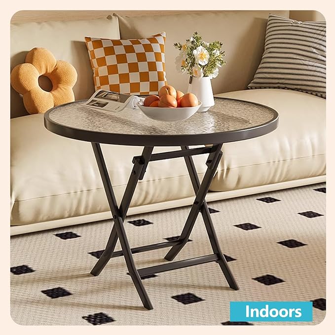 Folding Glass Outdoor Side Table, Patio Coffee Table, Weather Resistant Outdoor Round End Table, Portable Indoor Outdoor Glass Table, Modern Round Folding Dining Table, Space Saving Dining Table