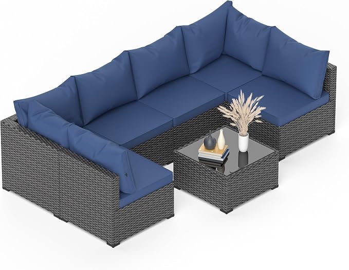 Patio Furniture Set, 7PCS Outdoor Sectional PE Rattan Patio Conversation Set w/Thickened Cushion Modular Wicker Patio Sofa Set w/Coffee Table for Balcony, Backyard(Blue)
